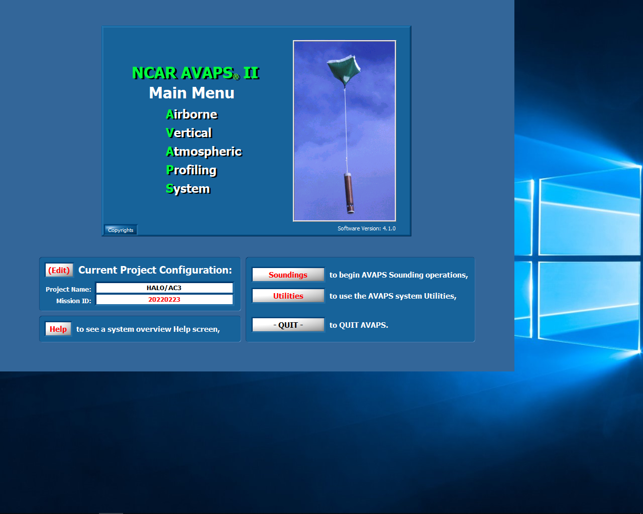 AVAPS start screen